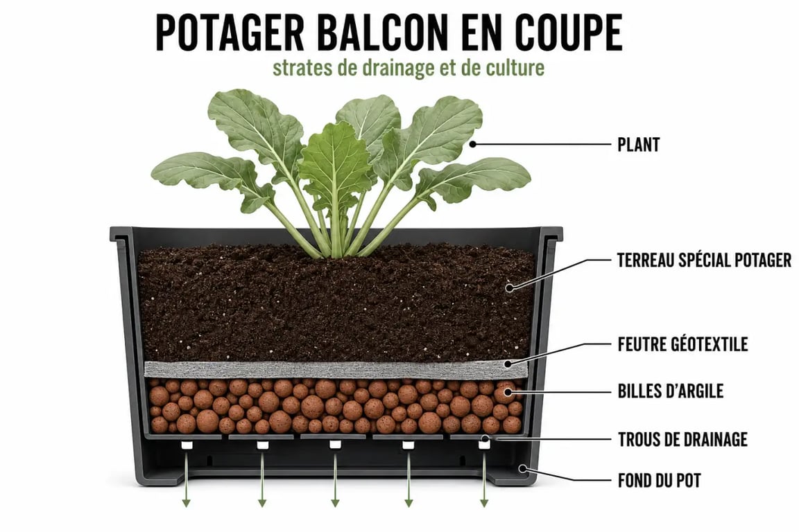 Potager balcon en schéma éditorial montrant le drainage et la coupe idéale d’un pot