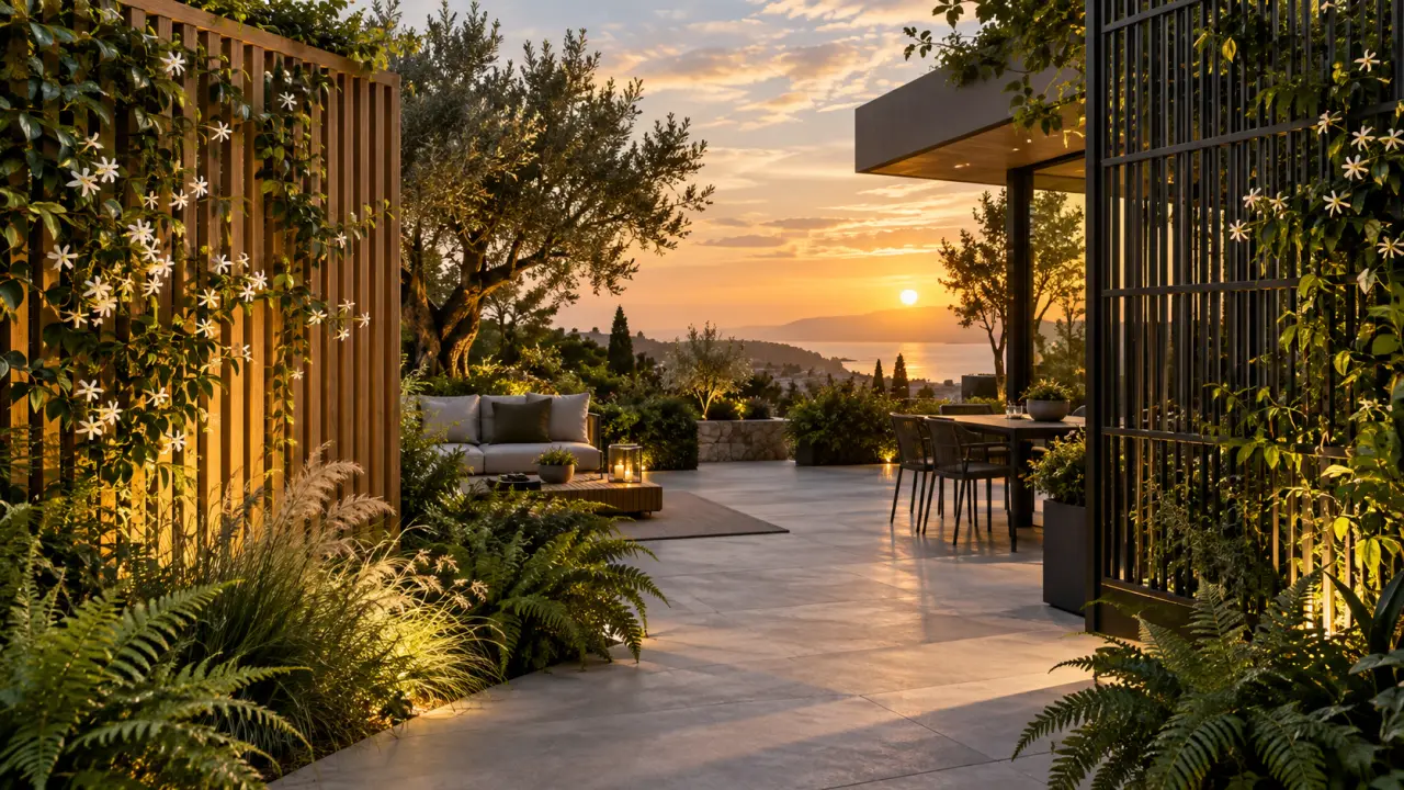 Claustra contemporain en bois et métal habillé de plantes grimpantes dans un jardin élégant