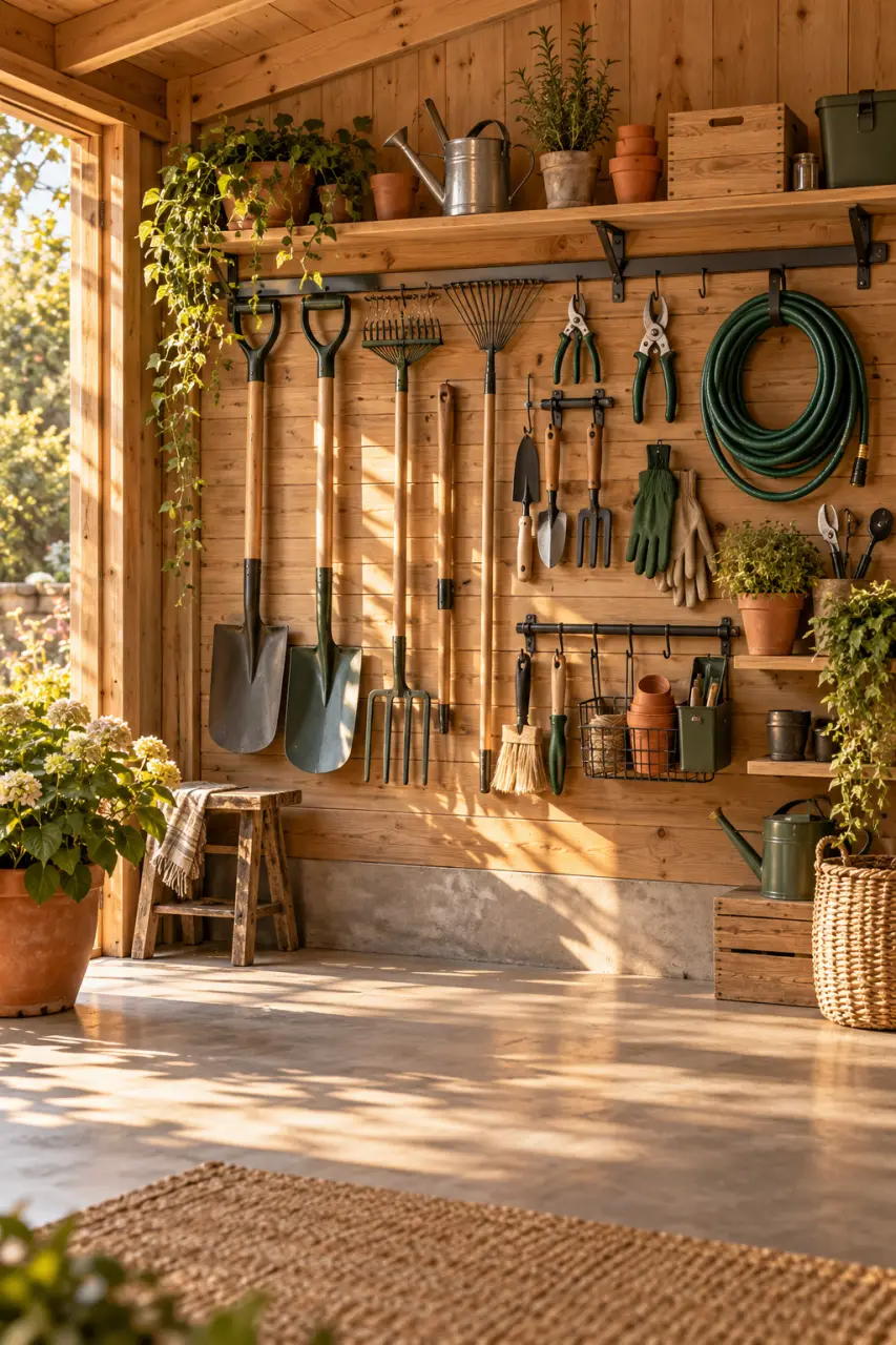 Le rangement mural libère le sol et protège vos outils de jardinage