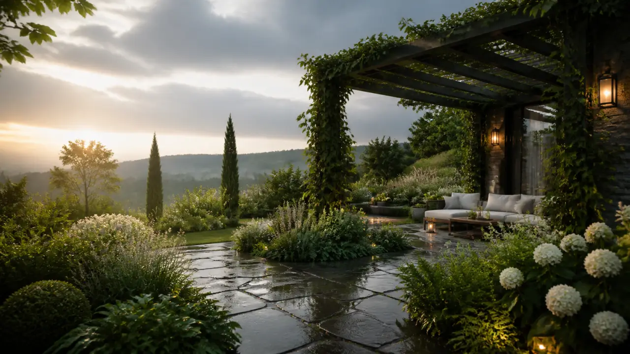 Pergola moderne enlacée par des plantes grimpantes et des fleurs colorées, lumière de fin de journée