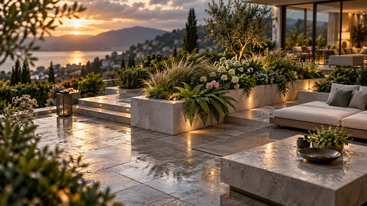 Terrasse minérale élégante ponctuée de végétation et de mobilier extérieur raffiné
