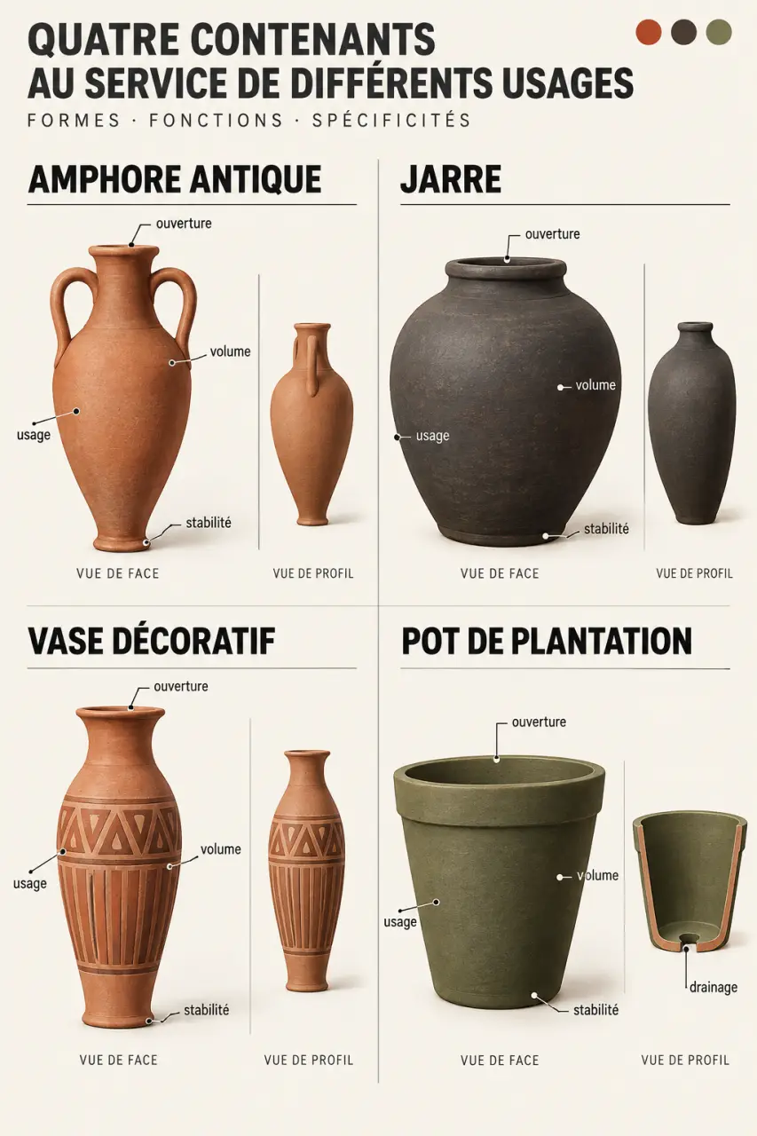 Comparaison d’une amphore en terre cuite avec une jarre, un vase et un pot de plantation