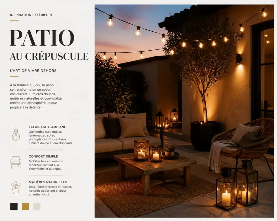 Aménagement patio extérieur lumineux avec guirlandes et lanternes pour une ambiance du soir