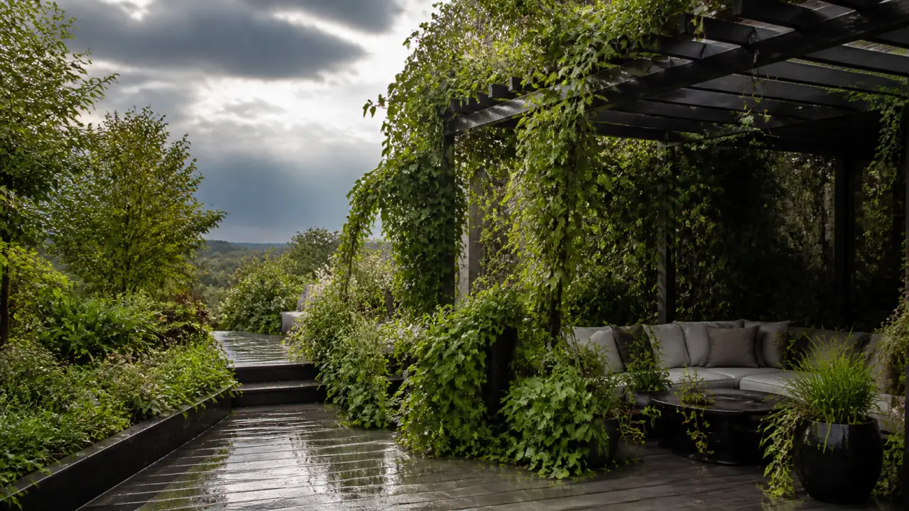 Pergola moderne en bois et métal enlacée par des plantes grimpantes, baignée par la lumière dorée du soir