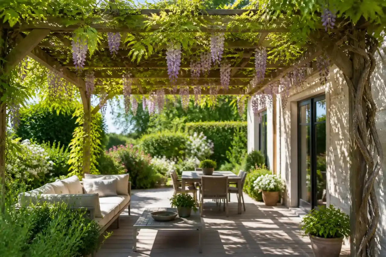 Pergola végétalisée élégante baignée d'une lumière dorée, avec plantes grimpantes et fleurs colorées