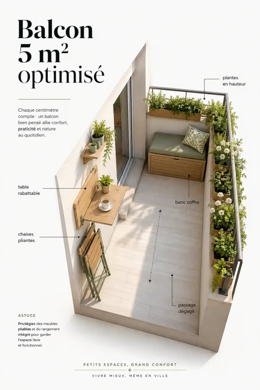 Balcon 5m2 aménagé avec table rabattable, banc coffre et plantes verticales