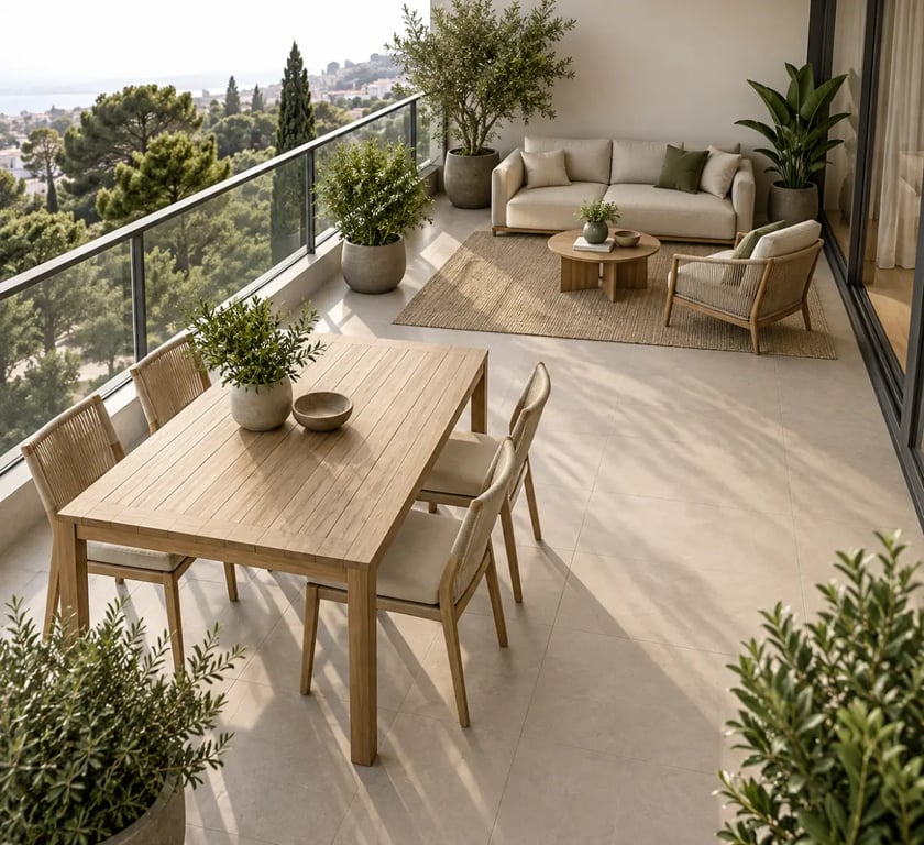 Décoration balcon extérieur de plus de 5 m² avec coin repas et espace détente