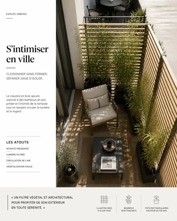 Aménager une terrasse en ville sans vis-à-vis avec claustra ajouré et bambous