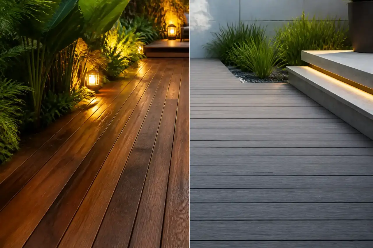 Terrasse moderne haut de gamme mariant bois noble et végétation luxuriante