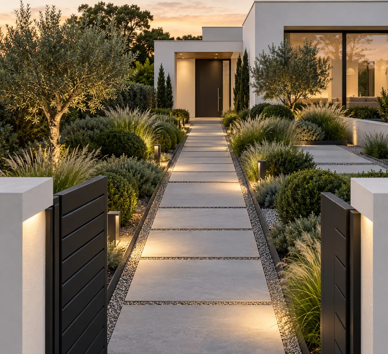 Idée d’aménagement paysager d’un jardin devant maison contemporaine avec allée et massif structuré
