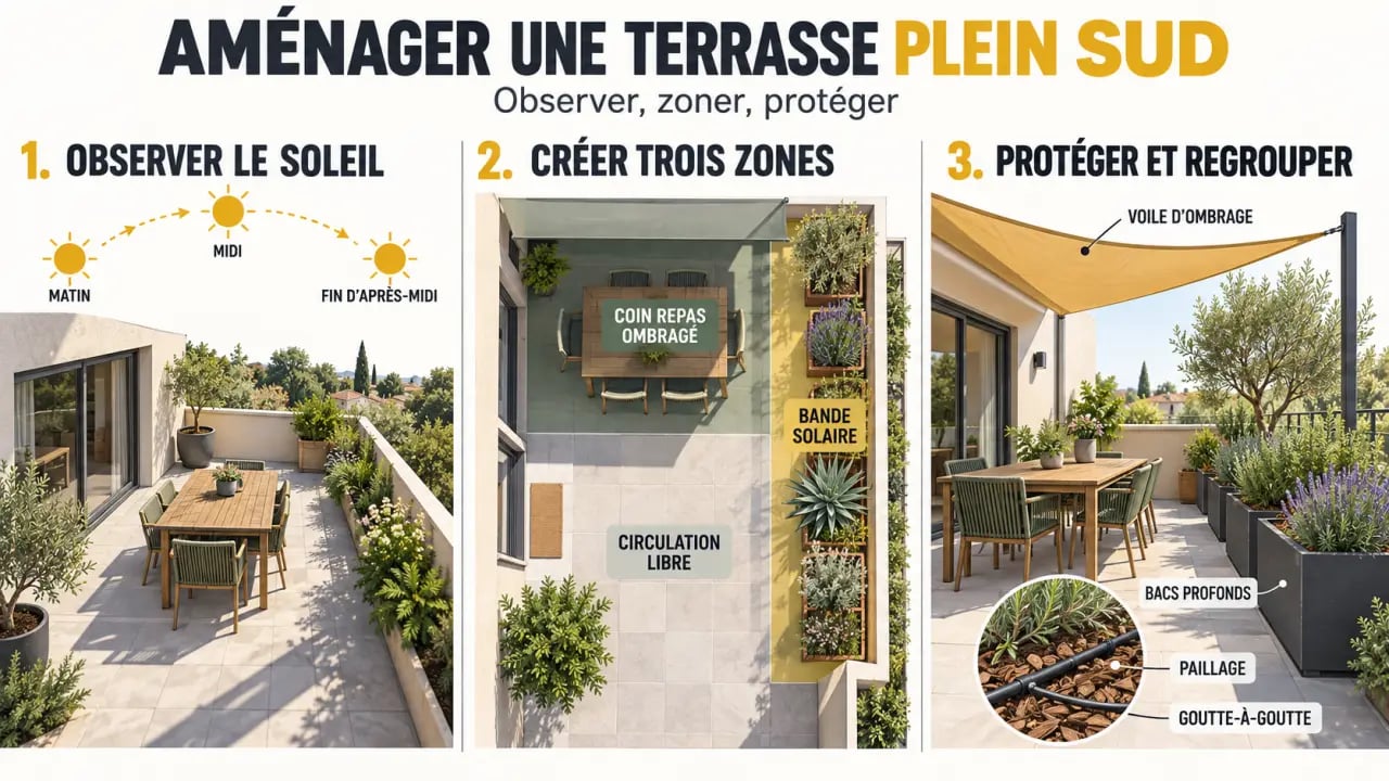 Illustration pour comprendre comment aménager une terrasse exposée plein sud avec zones d’ombre, bacs et arrosage