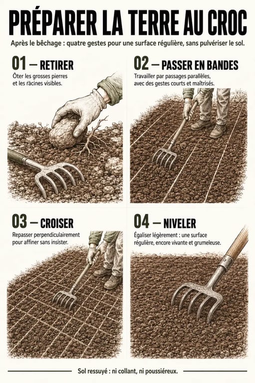 Étapes d'utilisation d'un croc pour jardinage avant un semis