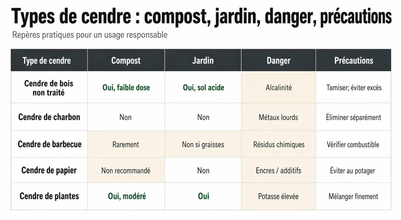 Cendre dans le compost : tableau comparatif des cendres de bois, barbecue et déchets brûlés avec usages et risques