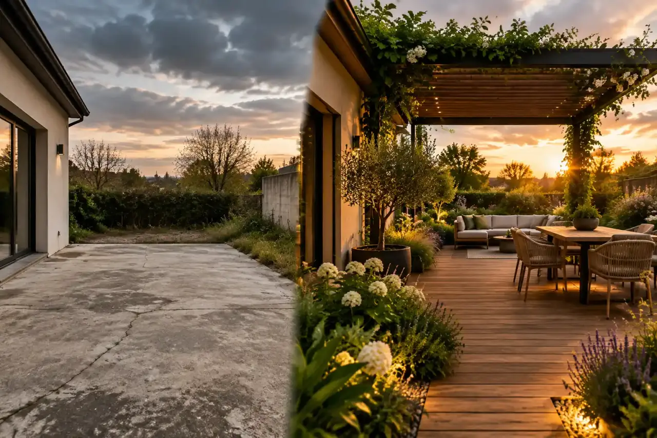 Terrasse-jardin élégante aménagée sur une dalle avec plantes et mobilier extérieur