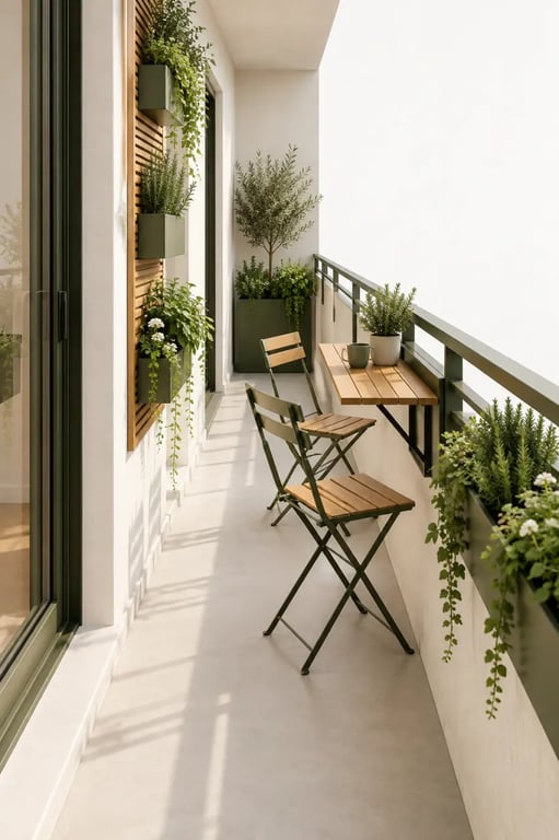 Décoration balcon extérieur étroit avec mobilier pliant et jardinières verticales