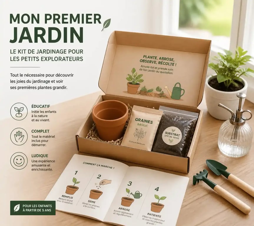 Kit de jardinage enfant avec pot, graines et notice illustrée