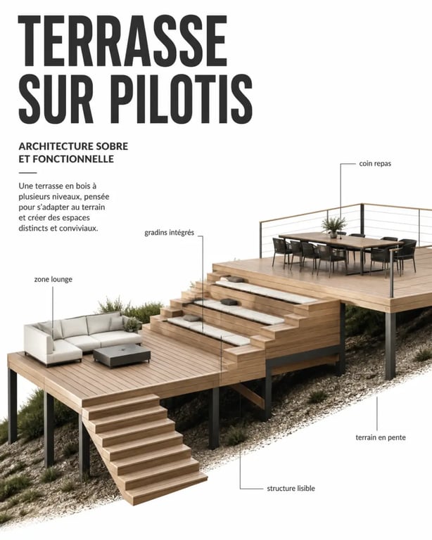 Les plus belles terrasse en bois sur pilotis à plusieurs niveaux, terrain en pente