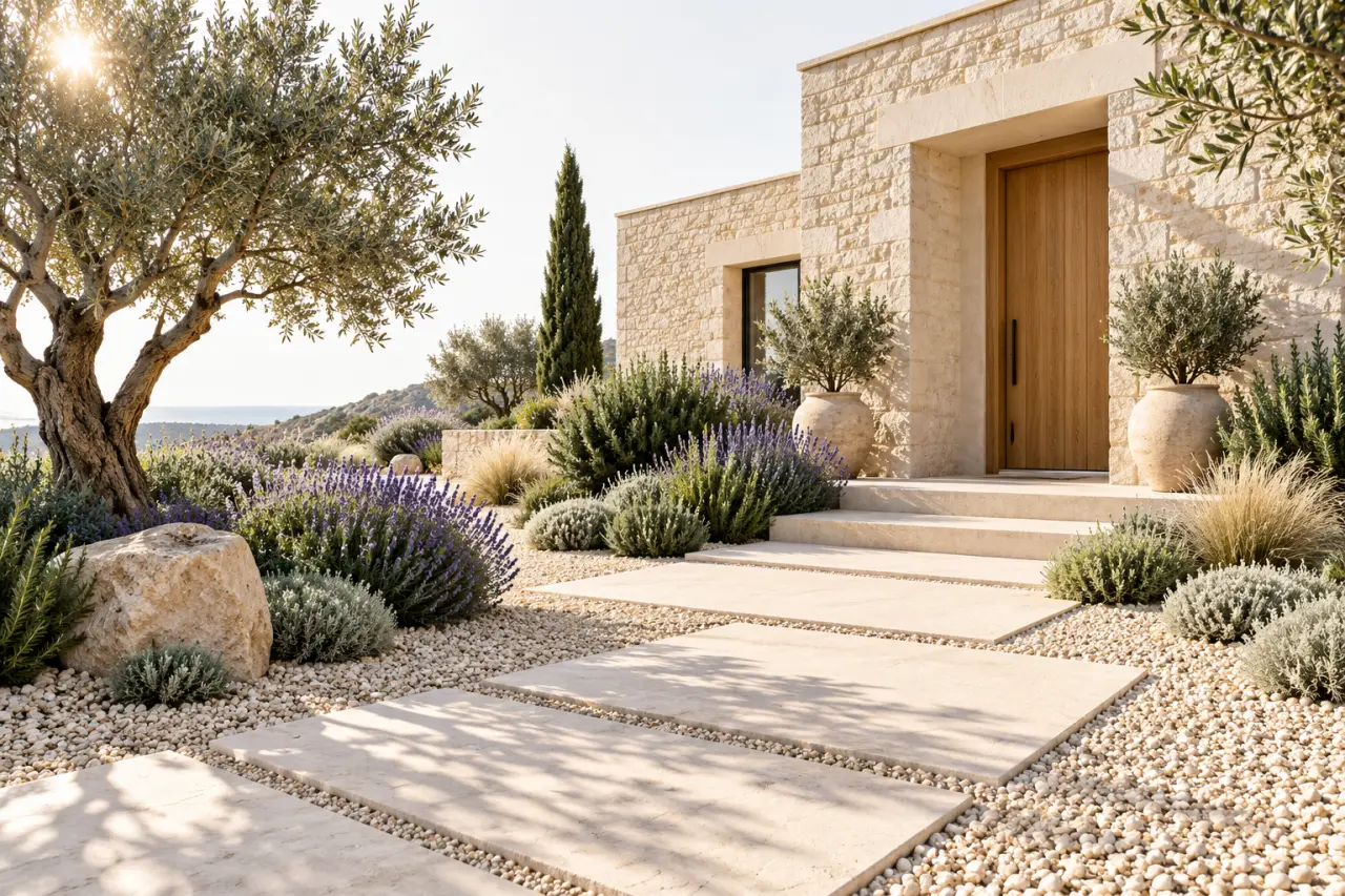 Idée d’aménagement paysager méditerranéen pour un jardin devant maison ensoleillé