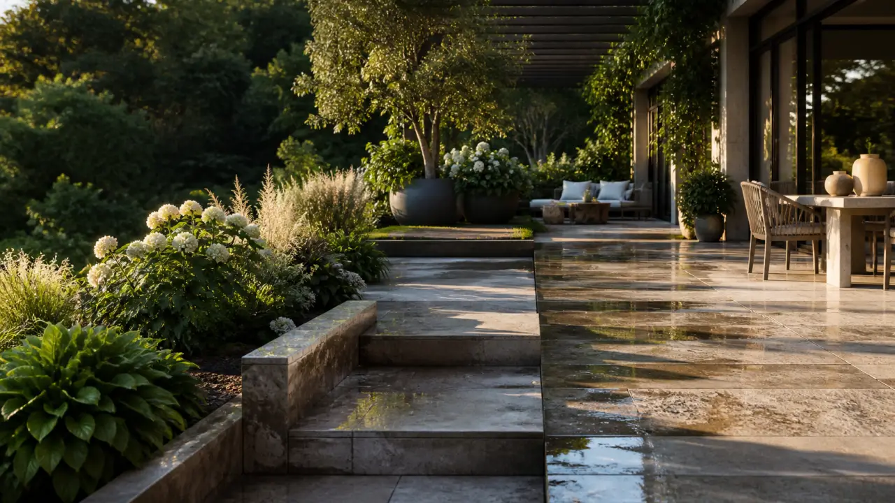 Terrasse minérale réchauffée par des plantes et des matières naturelles