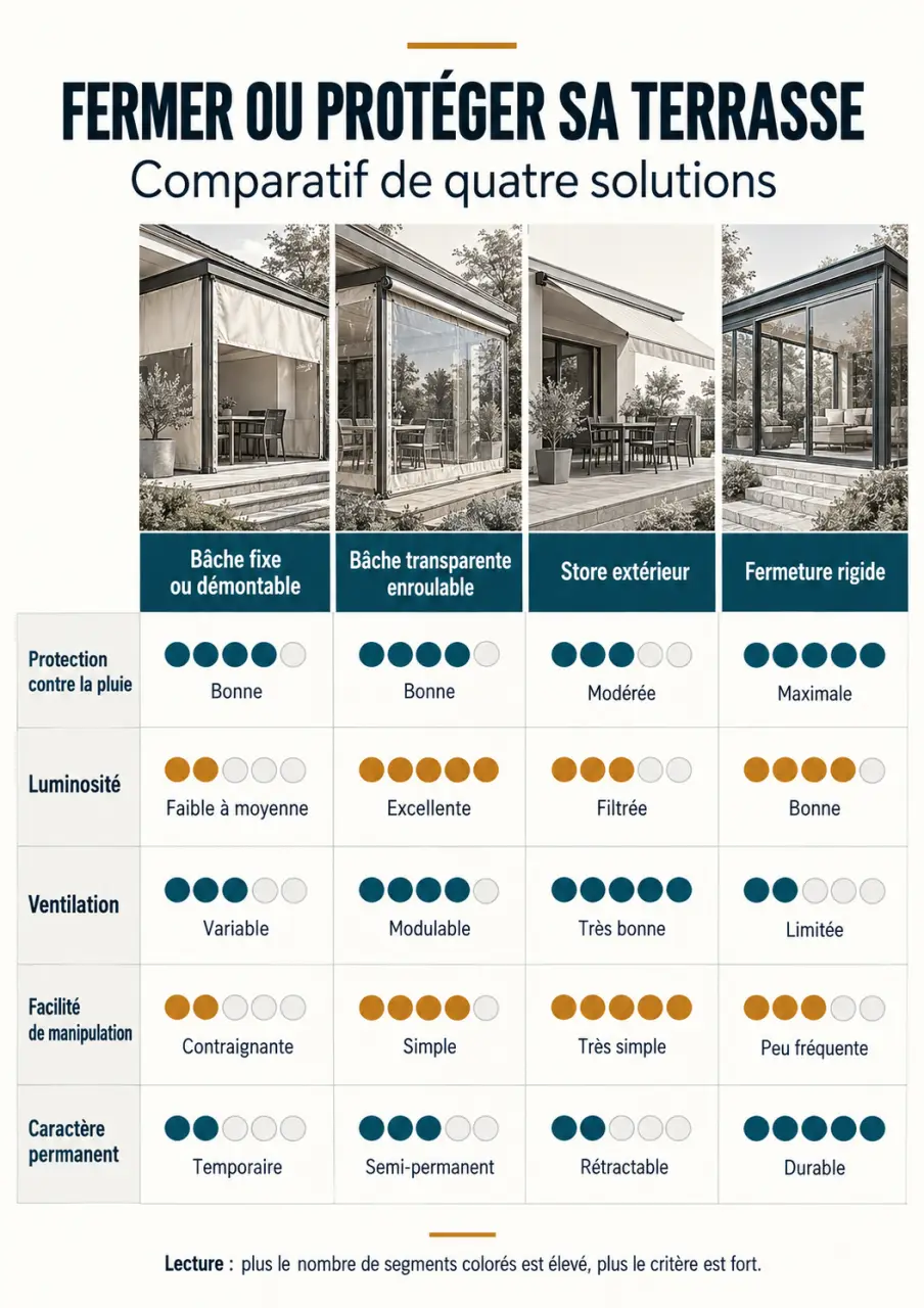 Infographie comparative des solutions de bâche pour terrasse, store extérieur et fermeture rigide