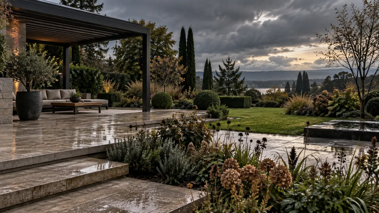 Jardin paysager élégant avec une pergola entourée de fleurs et de plantes grimpantes