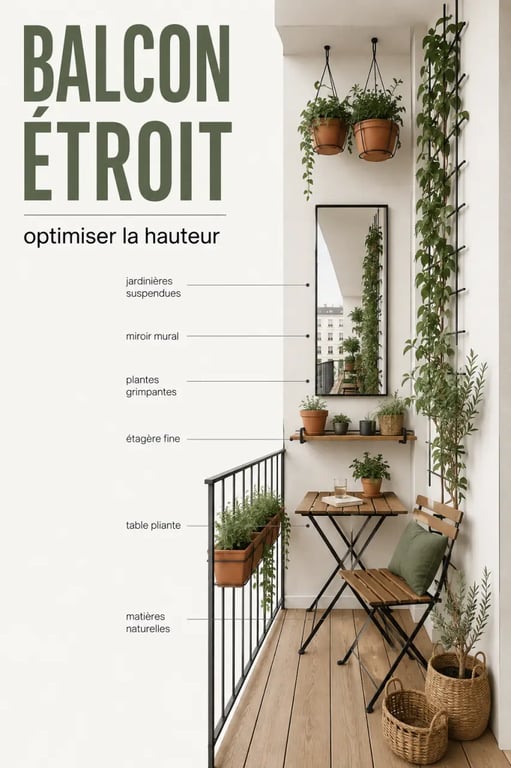 Idée décoration extérieur pour balcon avec jardinières suspendues et miroir mural