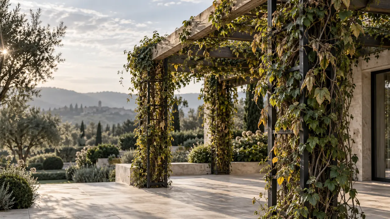 Pergola contemporaine couverte de plantes grimpantes et de fleurs à la lumière dorée