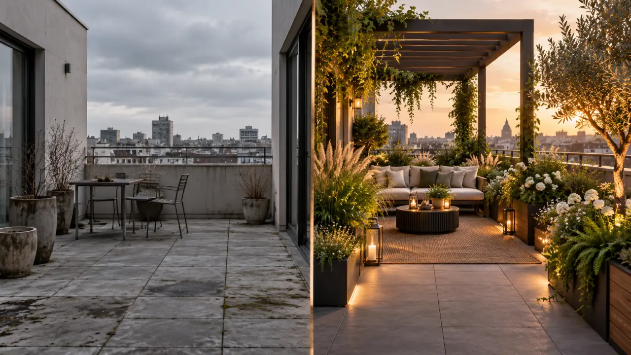 Terrasse contemporaine transformée en jardin suspendu luxuriant