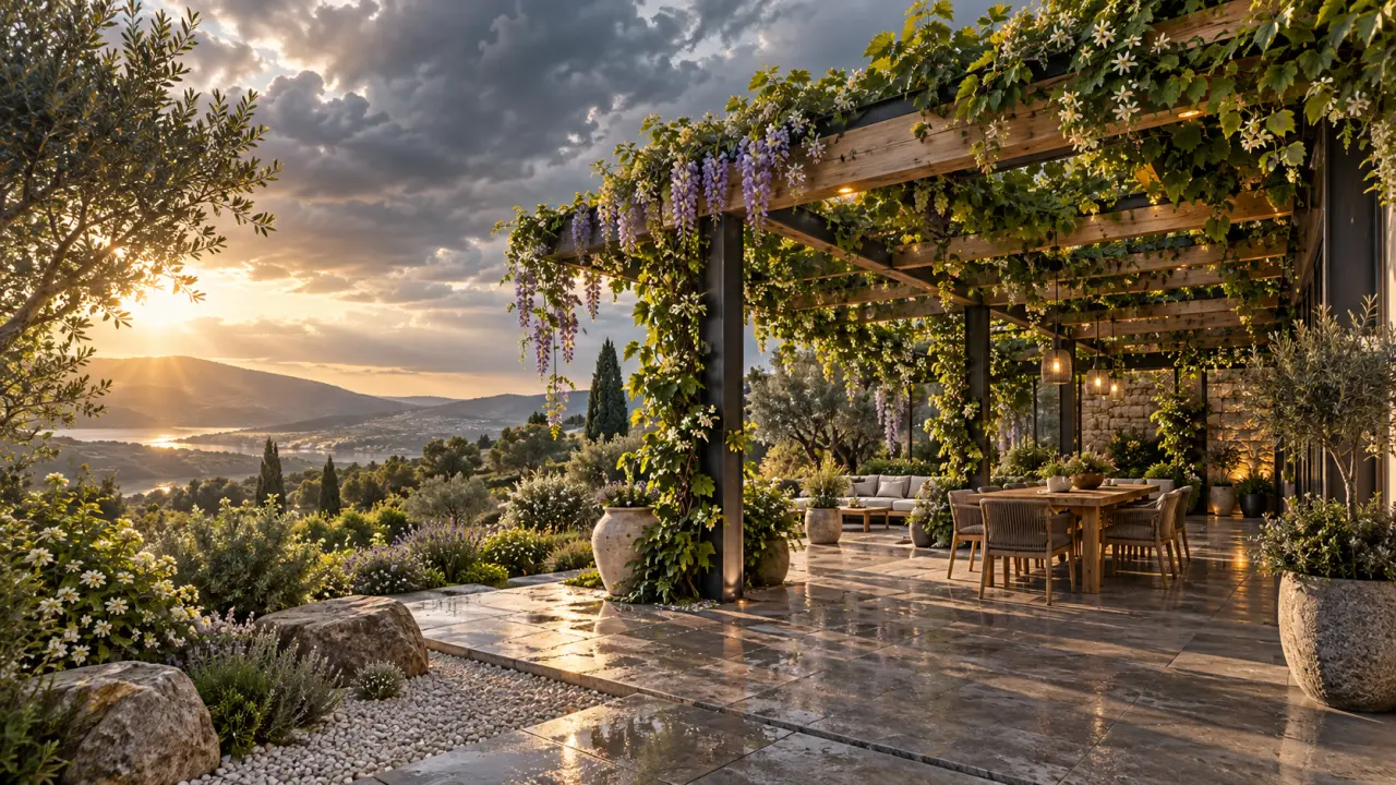 Pergola végétalisée en bois et métal entourée de plantes grimpantes