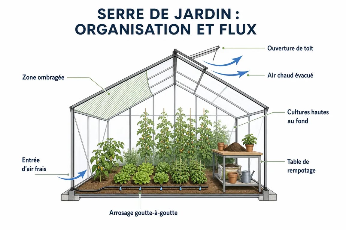 Aménagement serre de jardin avec aération, ombrage et arrosage intégrés