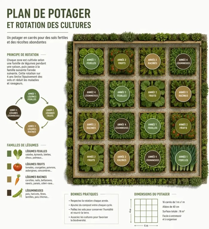 Plan de jardin potager organisé pour une rotation optimale des cultures