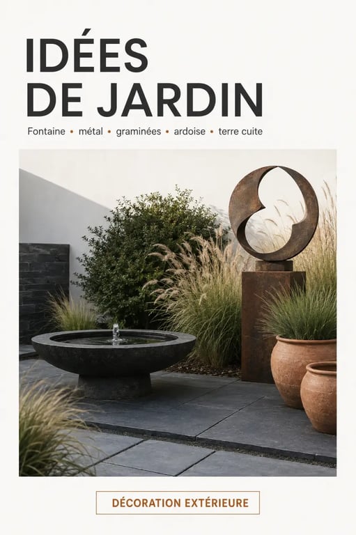 Idée décoration extérieur pour jardin avec fontaine, sculpture en métal et matières naturelles