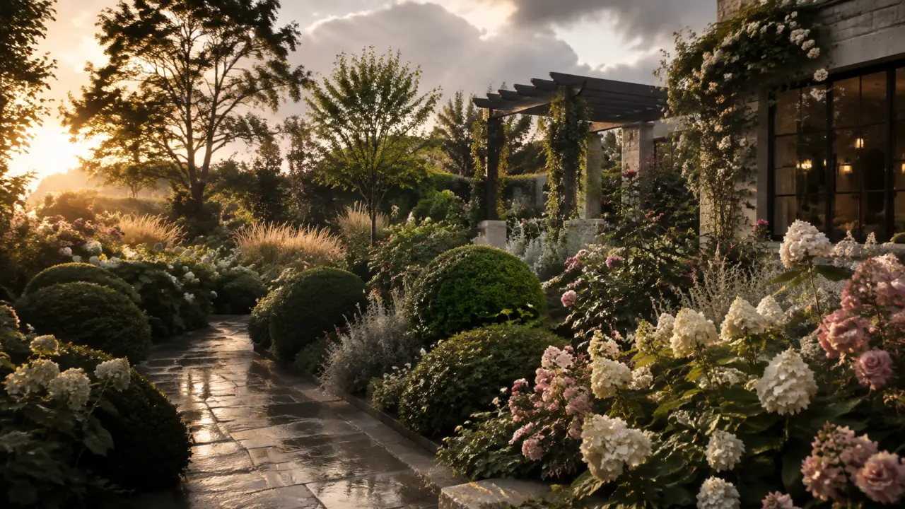 Pergola moderne en bois et métal, enlacée par des plantes grimpantes et des fleurs colorées au coucher du soleil