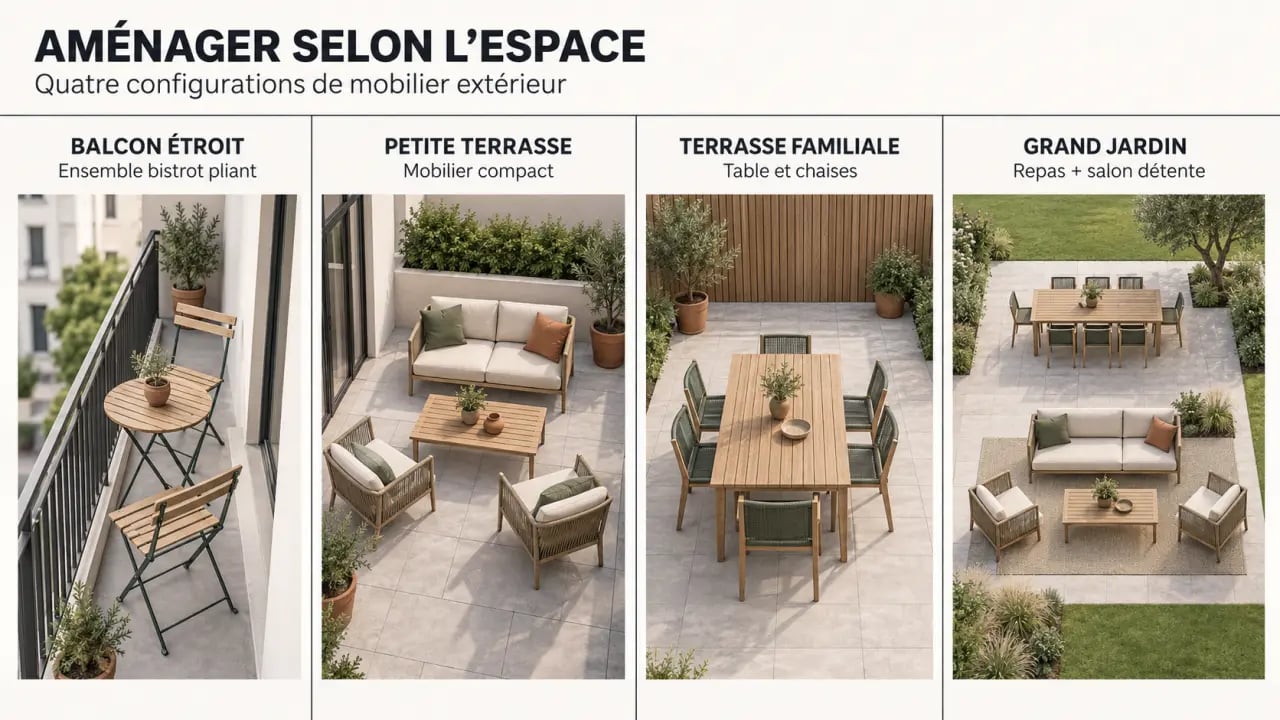 Aménagement de meubles de jardin extérieur selon la surface du balcon, de la terrasse ou du jardin