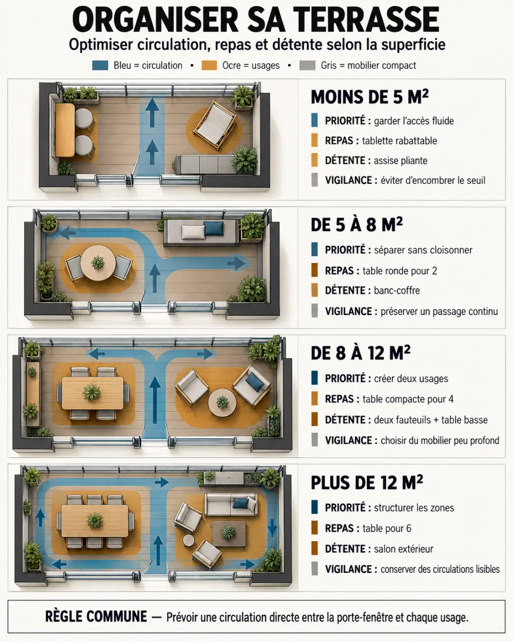 Infographie d’aménagement d’une terrasse appartement selon la surface et les zones de circulation